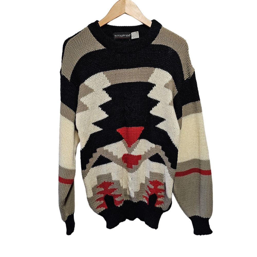 VINTAGE Botany 500 Sweater L Black Gray Pullover Aztec‎ Retro Southwestern